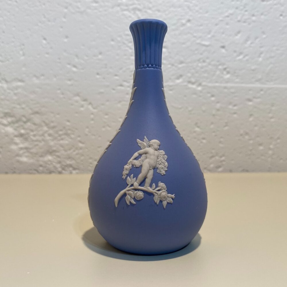 Wedgwood Blue Jasperware Bud Vase with White Motif - Cupid